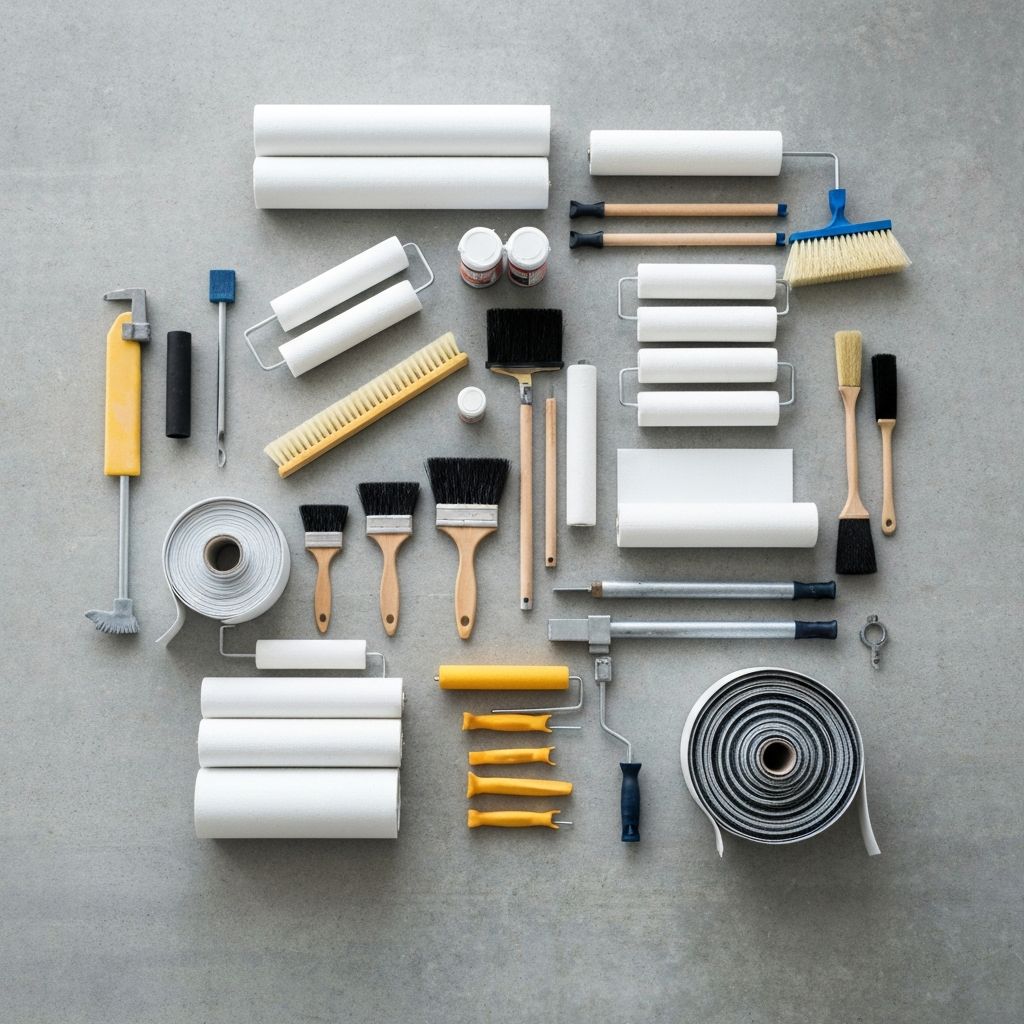 Professional waterproofing tools and equipment laid out on a worksite