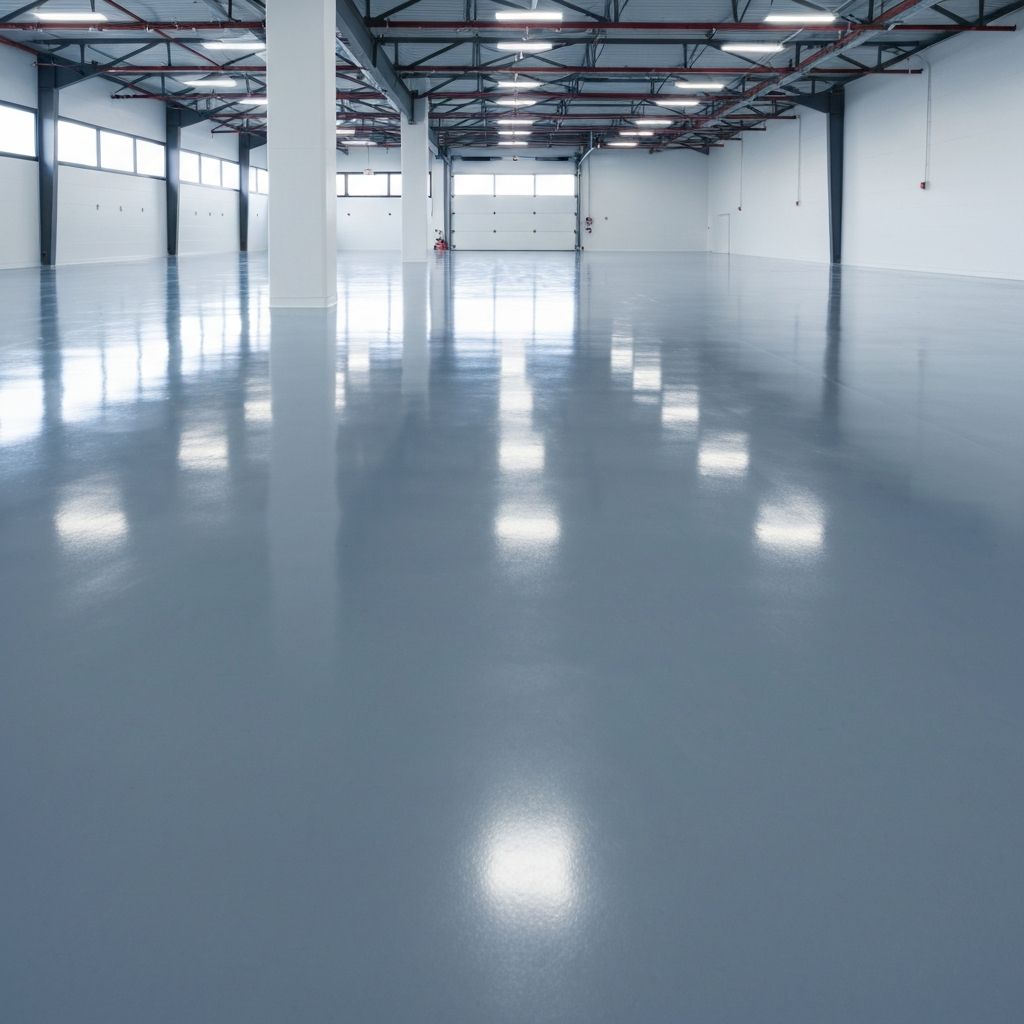 Smooth glossy epoxy floor coating in an industrial space