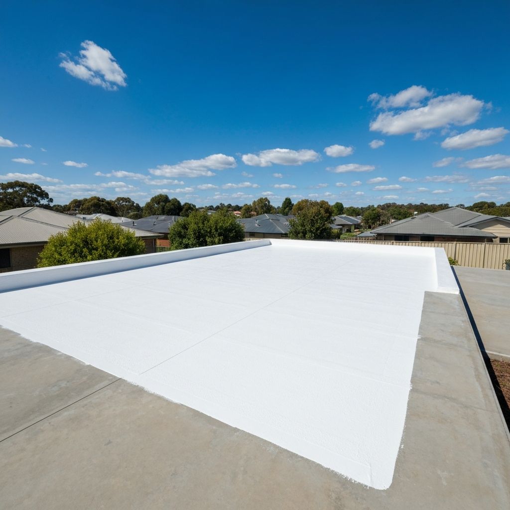White waterproof membrane coating applied to a flat concrete roof deck